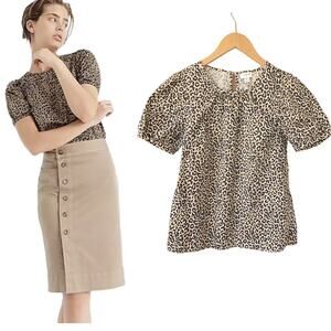 J CREW Leopard Puff-sleeve Top XS (runs big)  Stretch Cotton Poplin Tan Black